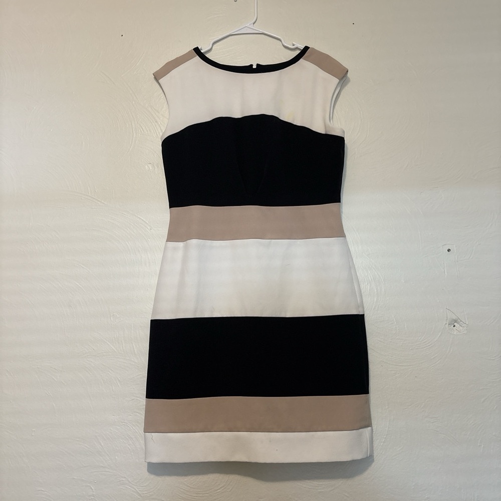 Studio One Black, White & Taupe Striped Cap-Sleeve Sheath Dress